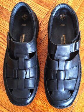 Spring Step Men's Aspeno Classic Black Leather Sandals Size 41 Hook & Loop New